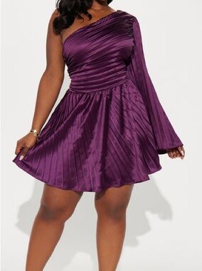 Fashion Nova One-Shoulder Plum Pleated Satin Mini Dress Brand New
